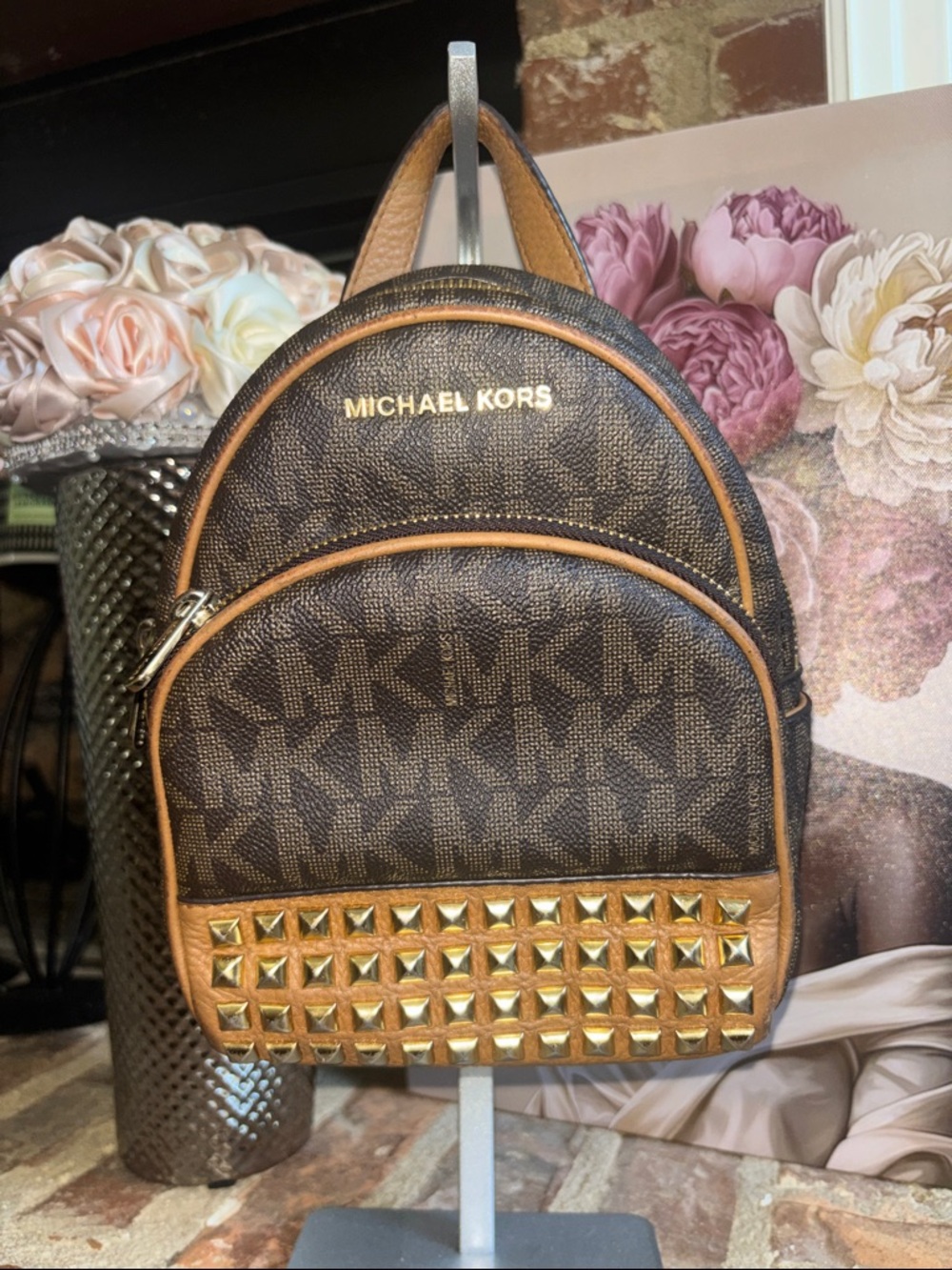 Michael Michael Kors Brown and Gold Logo Mini Backpack with Gold Studs